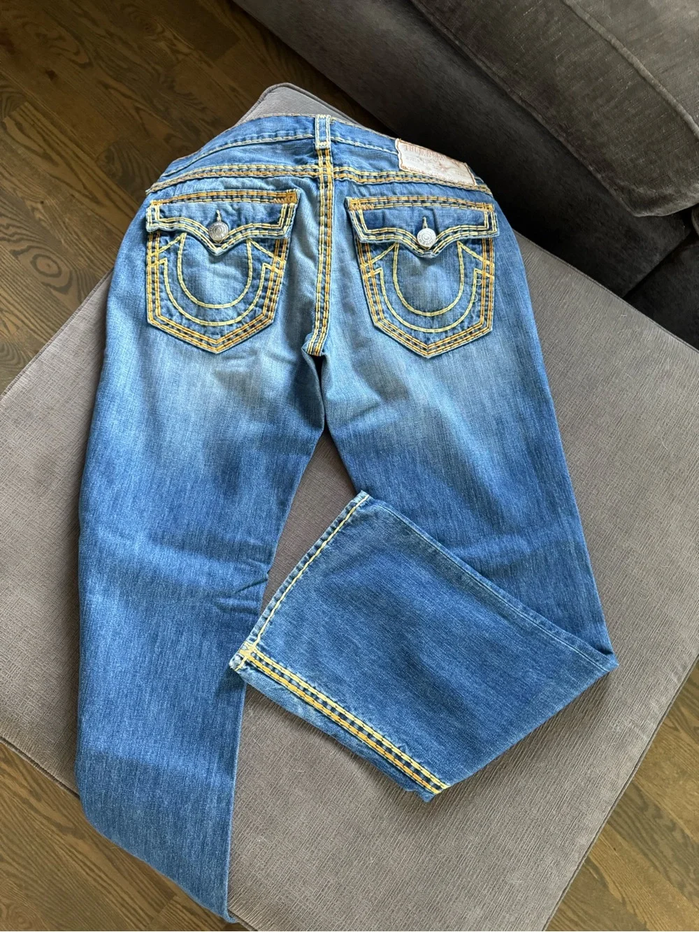 True Religion RICKY SUPER QT Blue Bootcut Jeans with Yellow Stitching RARE